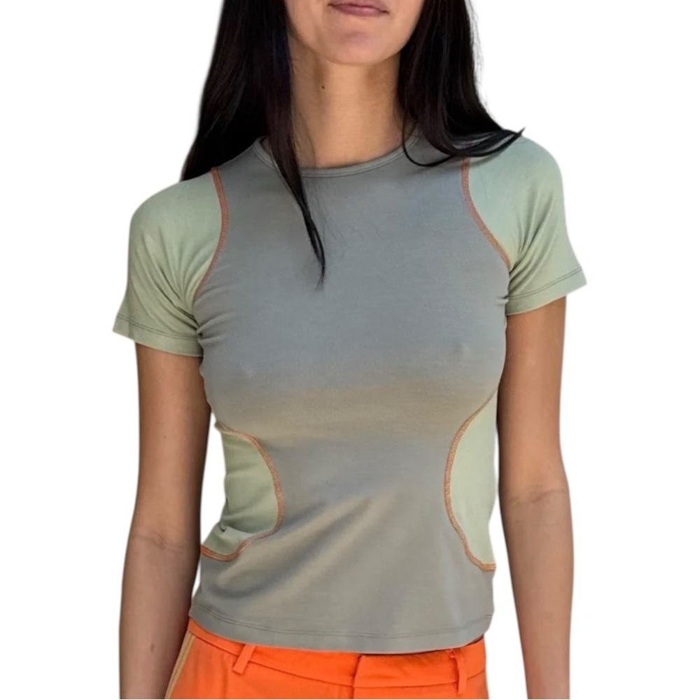 ARTHUR Raglan Tight Tee in Fog - Gray Green Orange Stitching Baby Tee Top sz 2